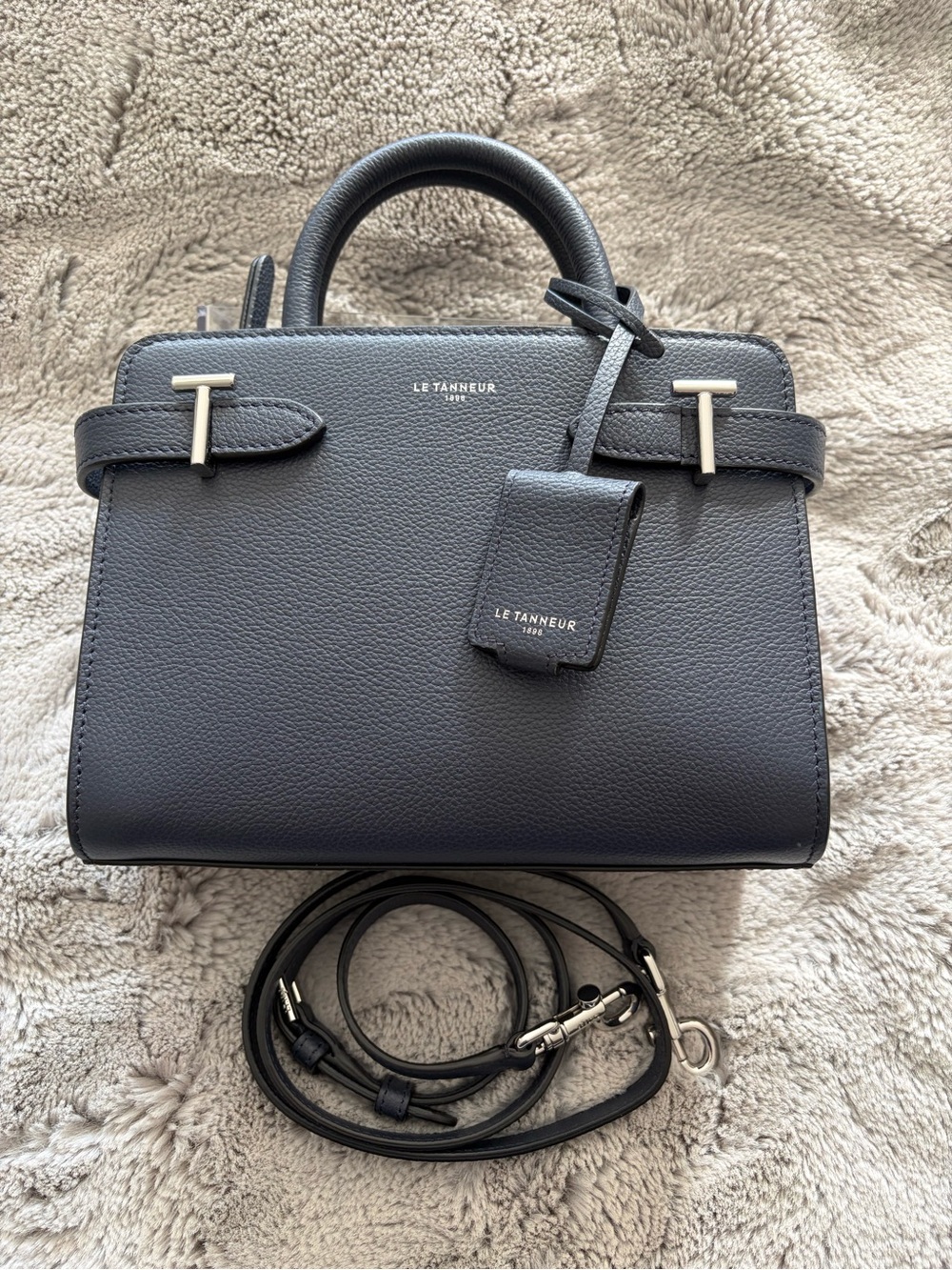 Le Tanneur Navy Leather Structured Satchel with Detachable Strap